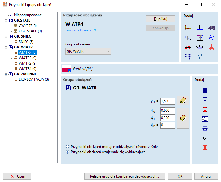 Różne typy obciążeń dostępne w programie