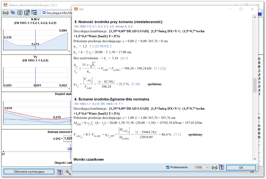 Rozpisany tok obliczeń wymiarowanego elementu