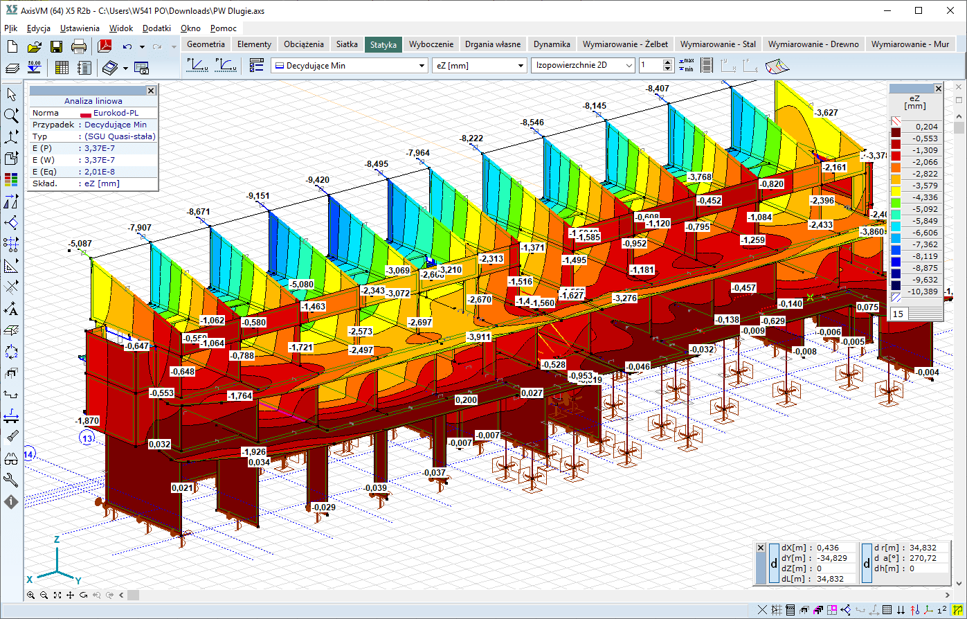 Budynek wypoczynkowy - wyniki przemieszczeń AxisVM