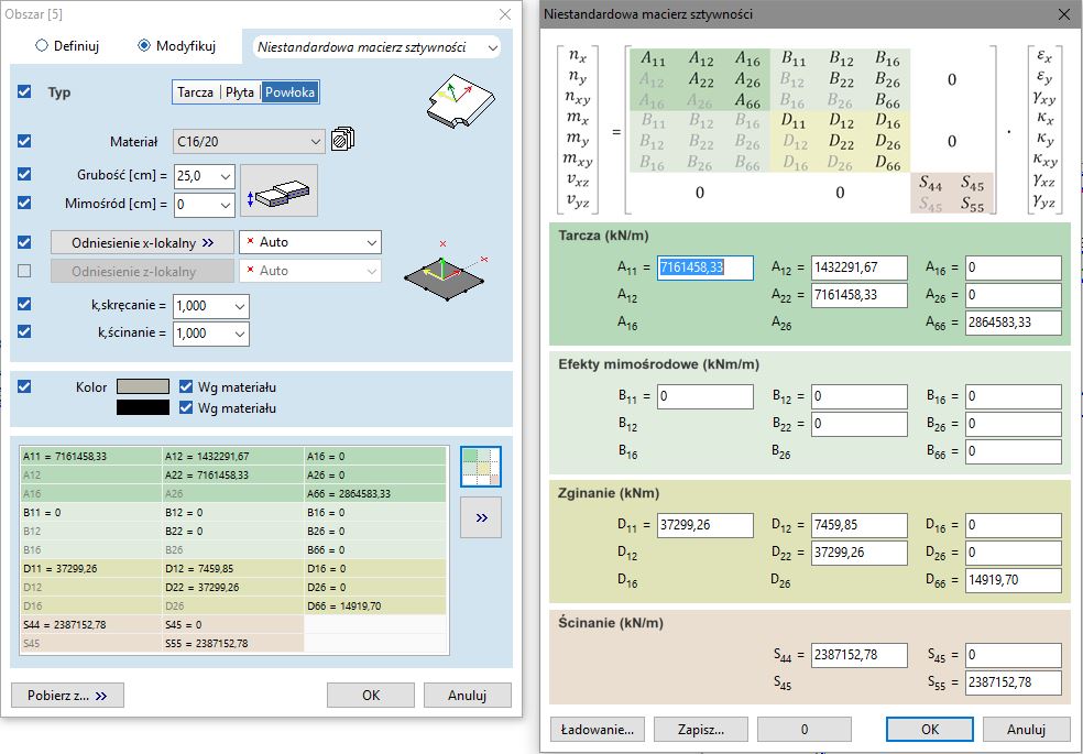Definicja własnej macierzy sztywności dla obszarów
