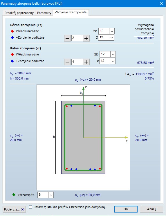 Definicja zbrojenia rzeczywistego dla belek i uwzględnienie go w analizie nieliniowej całego modelu