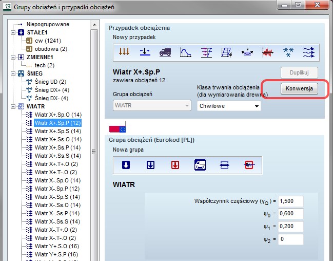 Konwersja automatycznie generowanych obciążeń klimatycznych do przypadków zwykłych
