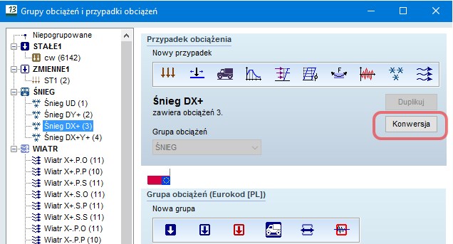 Konwersja automatycznie generowanych obciążeń od śniegu i wiatru do przypadków prostych