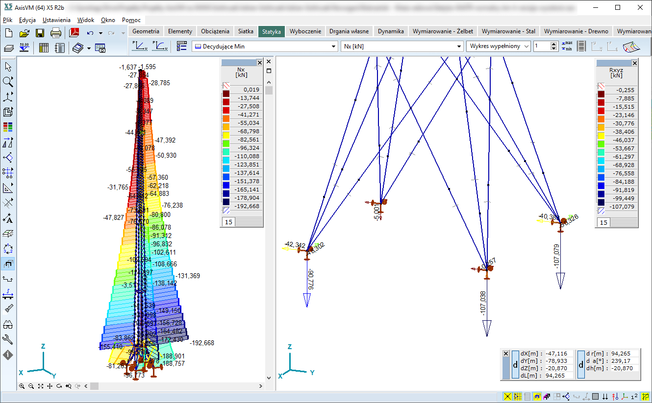 Wyniki z analizy statycznej sił podłużnych w prętach oraz sił na podpory AxisVM