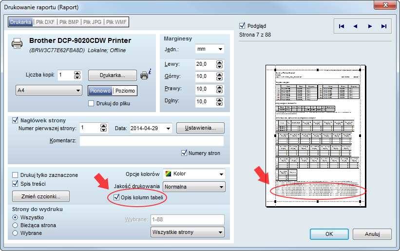 Opis kolumn tabel w raporcie
