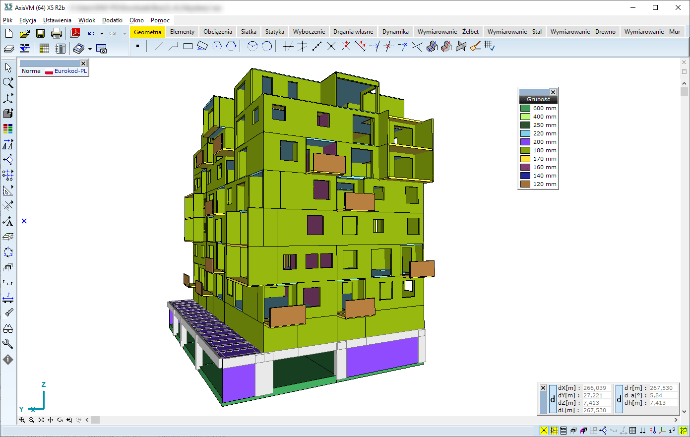 Widok zrenderowany budynku z oznaczonymi grubościami powłok