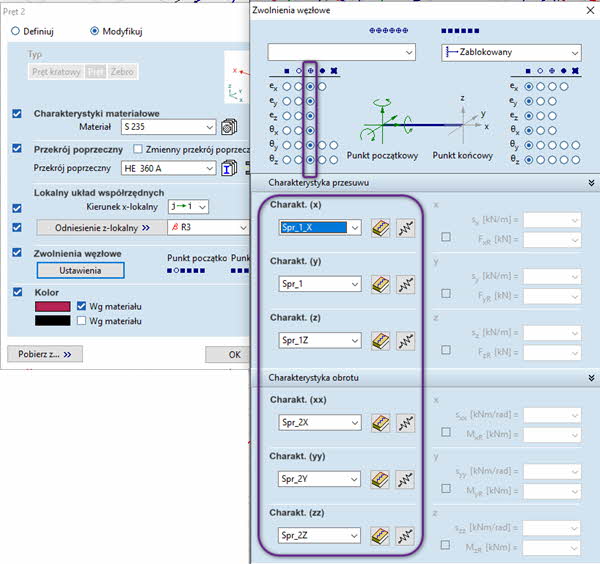 Podatność węzłów w prętach określana za pomocą charakterystyki sprężyny