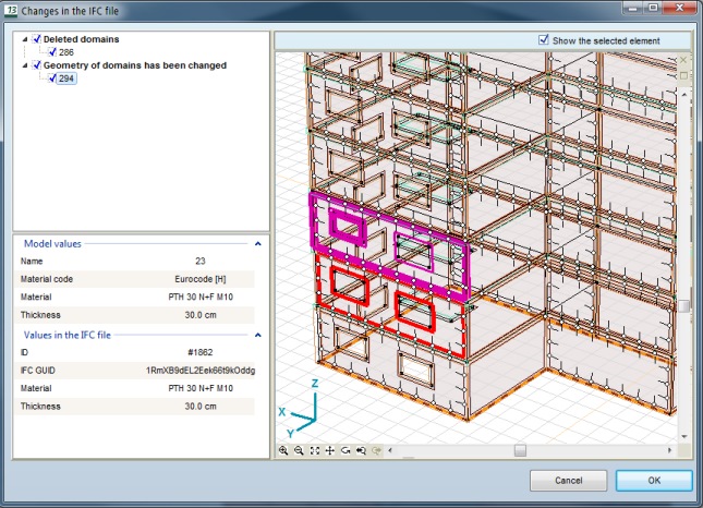 Podgląd zmian podczas importu z pliku IFC
