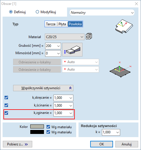 Redukcja sztywności płyt na zginanie - współczynnik k,zginanie
