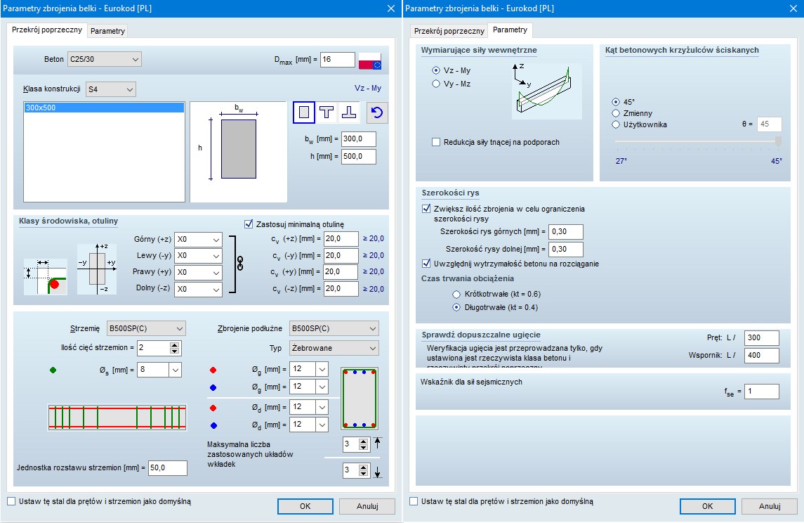 Rozbudowano parametry dla belki żelbetowej