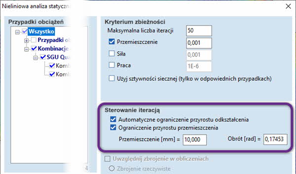 Sterowanie iteracjami dla nieliniowej analizy statycznej oraz dynamiki