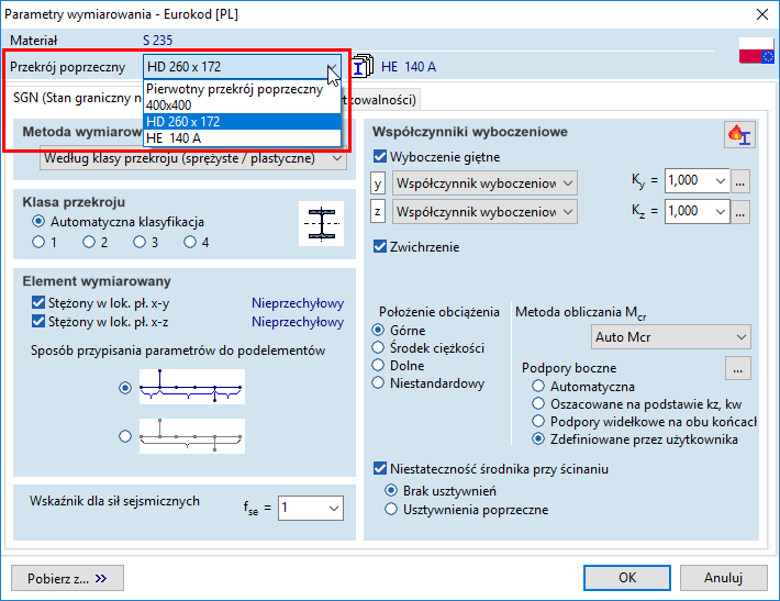 Szybkie zwymiarowanie elementu na podstawie wskazanego przekroju (innego od zadanego w modelu)