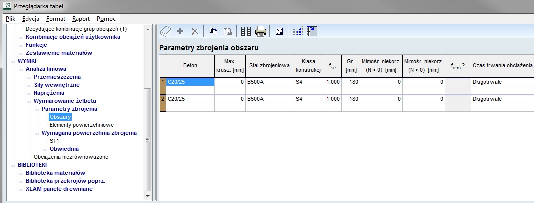 Tabela z parametrami zbrojenia obszarów