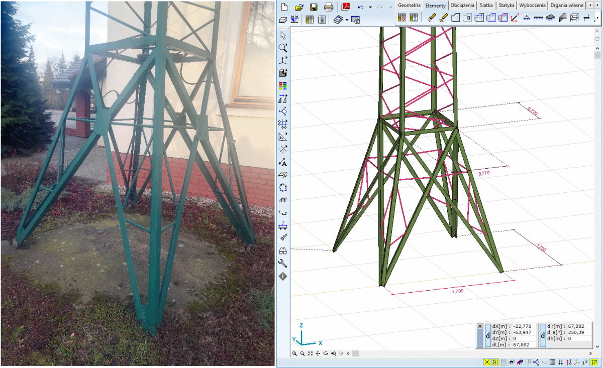 Podstawa wzmacnianej wieży i jej fragment wymodelowany w AxisVM