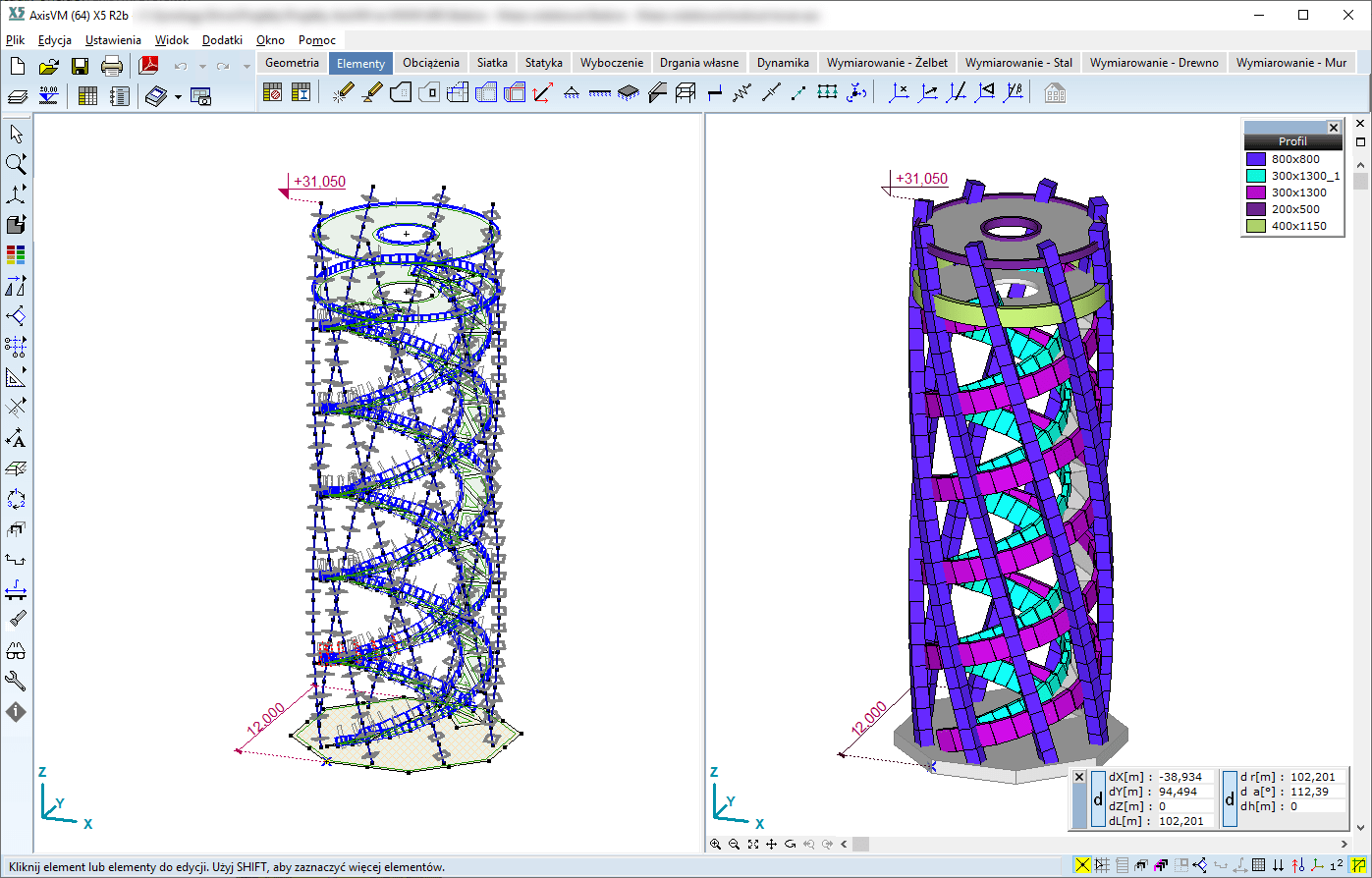 Model analityczny wieży widokowej i przyjęte wielkości przekrojów poprzecznych AxisVM