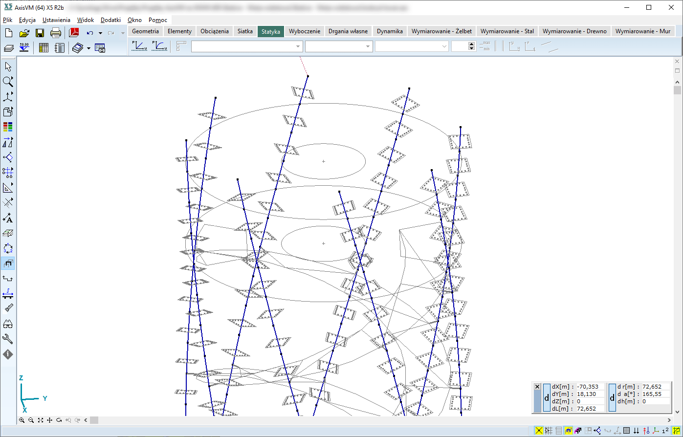 Słupy wieży z przypisanym podłużnym zbrojeniem rzeczywistym AxisVM