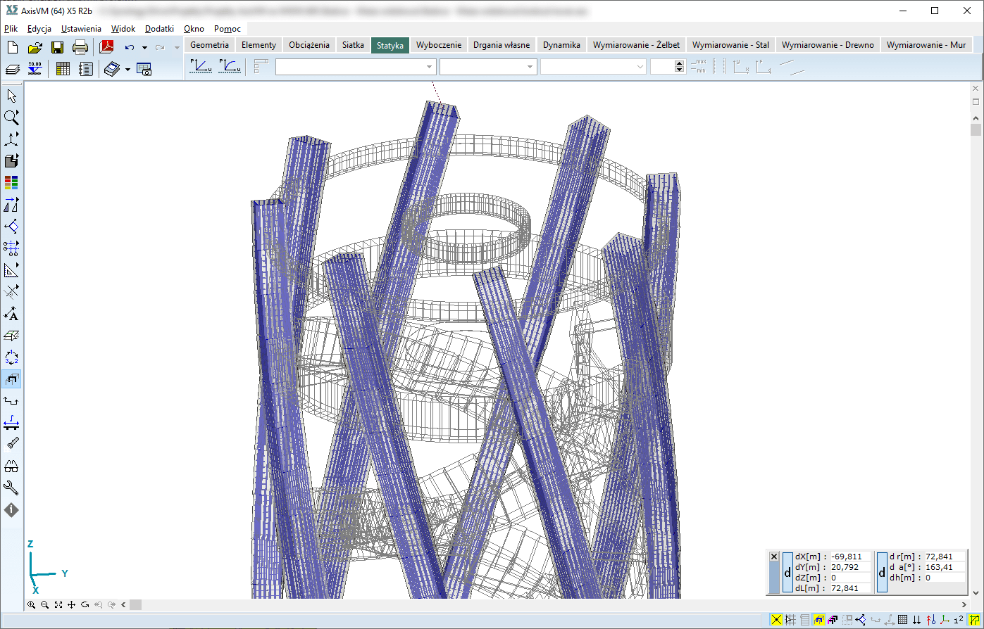 Widok zrenderowany słupów ze zbrojeniem rzeczywistym AxisVM