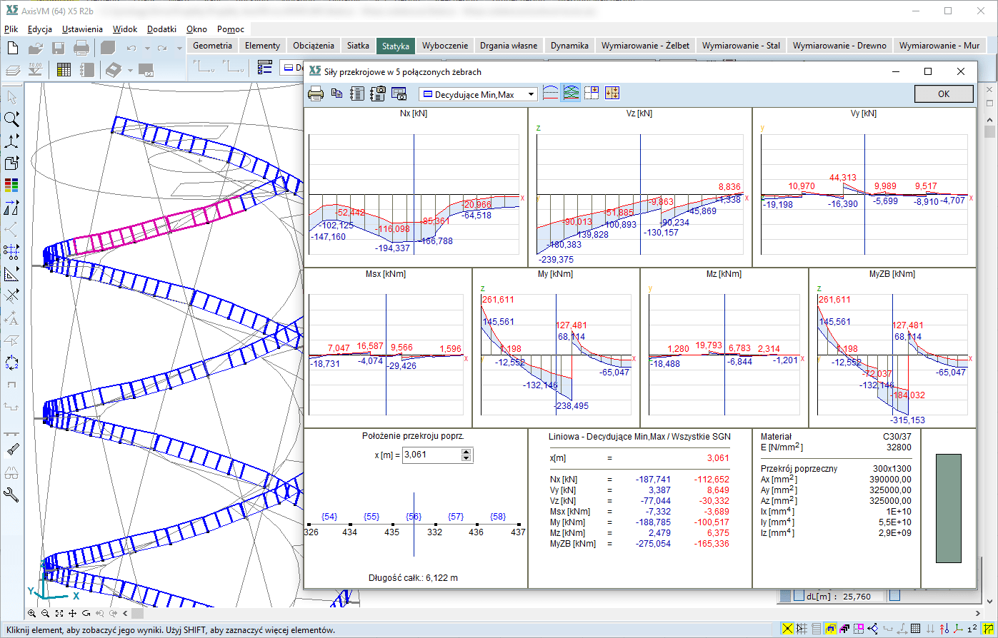 Wykresy sił wewnętrznych we fragmencie belki policzkowej pochylni AxisVM