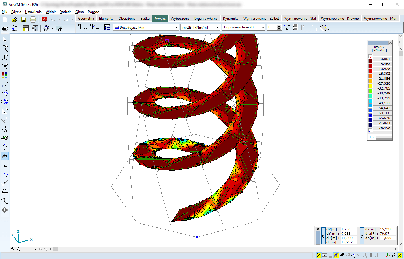 Momenty zginające w powłoce do wymiarowania dolnego zbrojenia AxisVM
