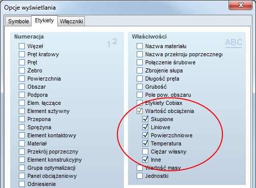 Wyświetlanie wartości obciążenia tylko dla wybranych rodzajów obciążeń