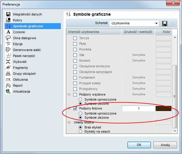 Wyświetlanie złożonych symboli podpór liniowych