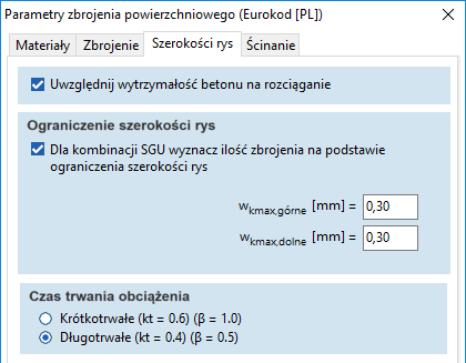 Wyznaczanie zbrojenia powierzchniowego na podstawie warunku SGU dopuszczalnej szerokości rysy