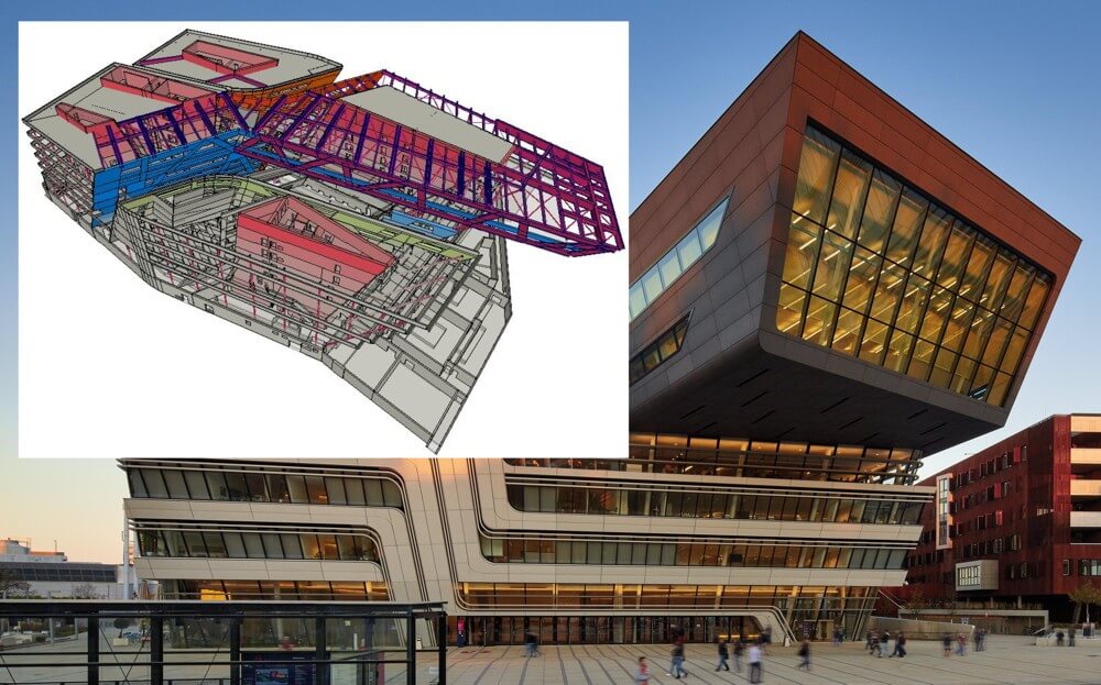 Biblioteka i centrum nauczania Uniwersytetu Ekonomicznego. Model analityczny w AxisVM oraz zdjęcie gotowej inwestycji. Wiedeń, Austria.