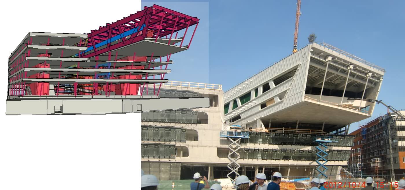 Biblioteka i centrum nauczania Uniwersytetu Ekonomicznego. Model analityczny w AxisVM oraz zdjęcie z realizacji inwestycji. Wiedeń, Austria.