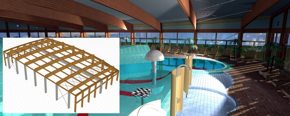 Model analityczny w AxisVM i wizualizacja łaźni publicznej wykonana w programie zewnętrznym. Szentes, Węgry.