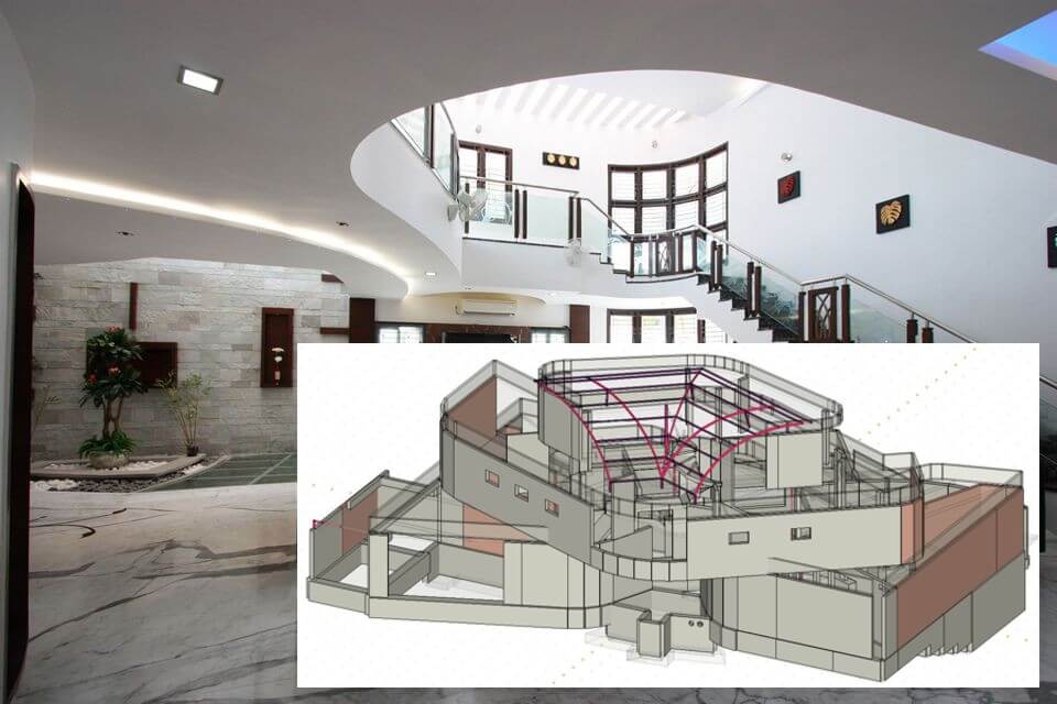 Model analityczny w AxisVM i zdjęcie wnętrza rezydencji. Australia.
