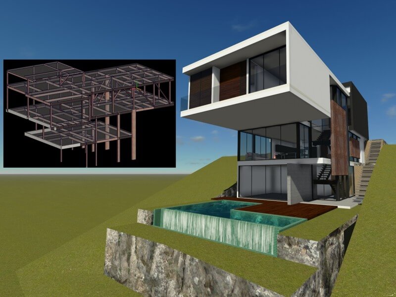 Model analityczny w AxisVM oraz wizualizacja budynku mieszkalnego w programie zewnętrznym. Brazylia.