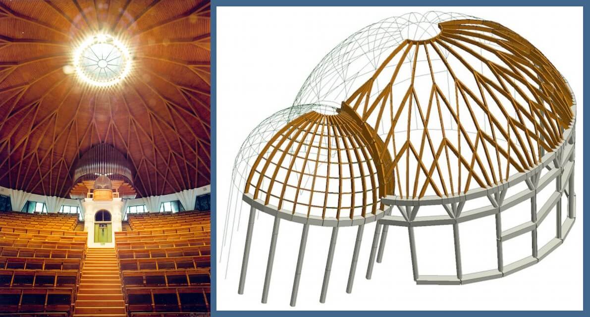 Sala audytoryjna uniwersytetu Pétera Pázmánya. Zdjęcie drewnianej kopuły i model analityczny w AxisVM. Węgry.