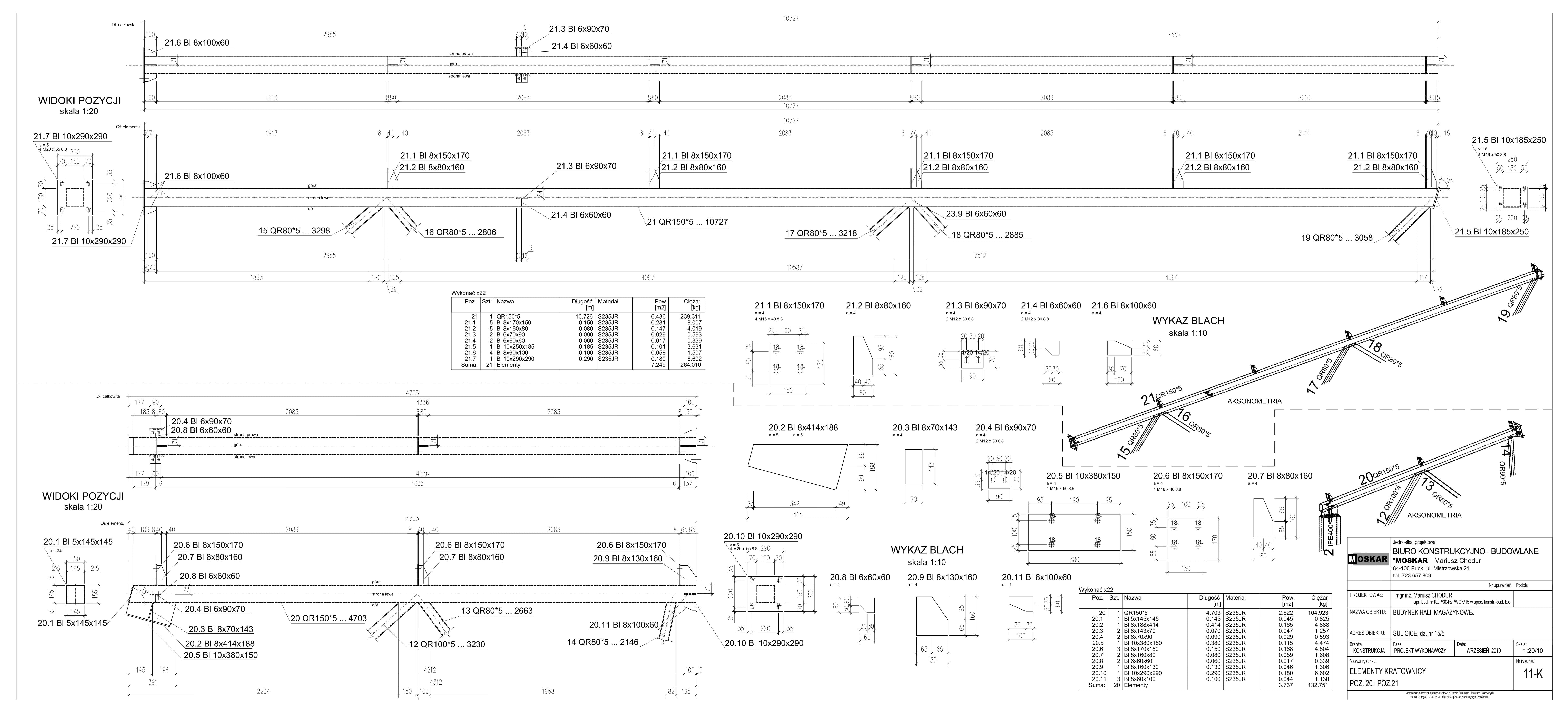 Rysunek warsztatowy wybranego elementu kratownicy Virtual Steel