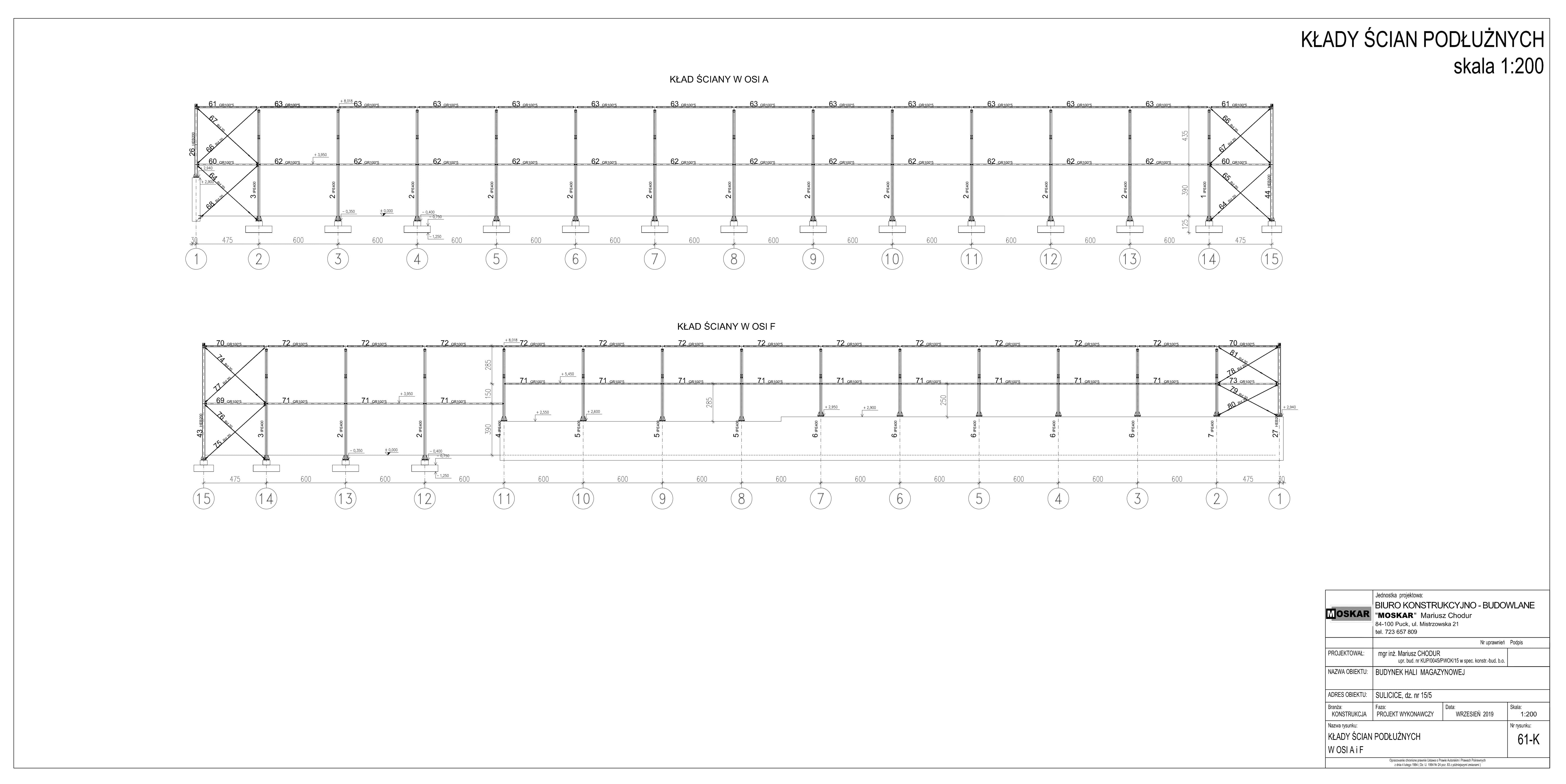 Rzut 2D ściany podłużnej hali Virtual Steel