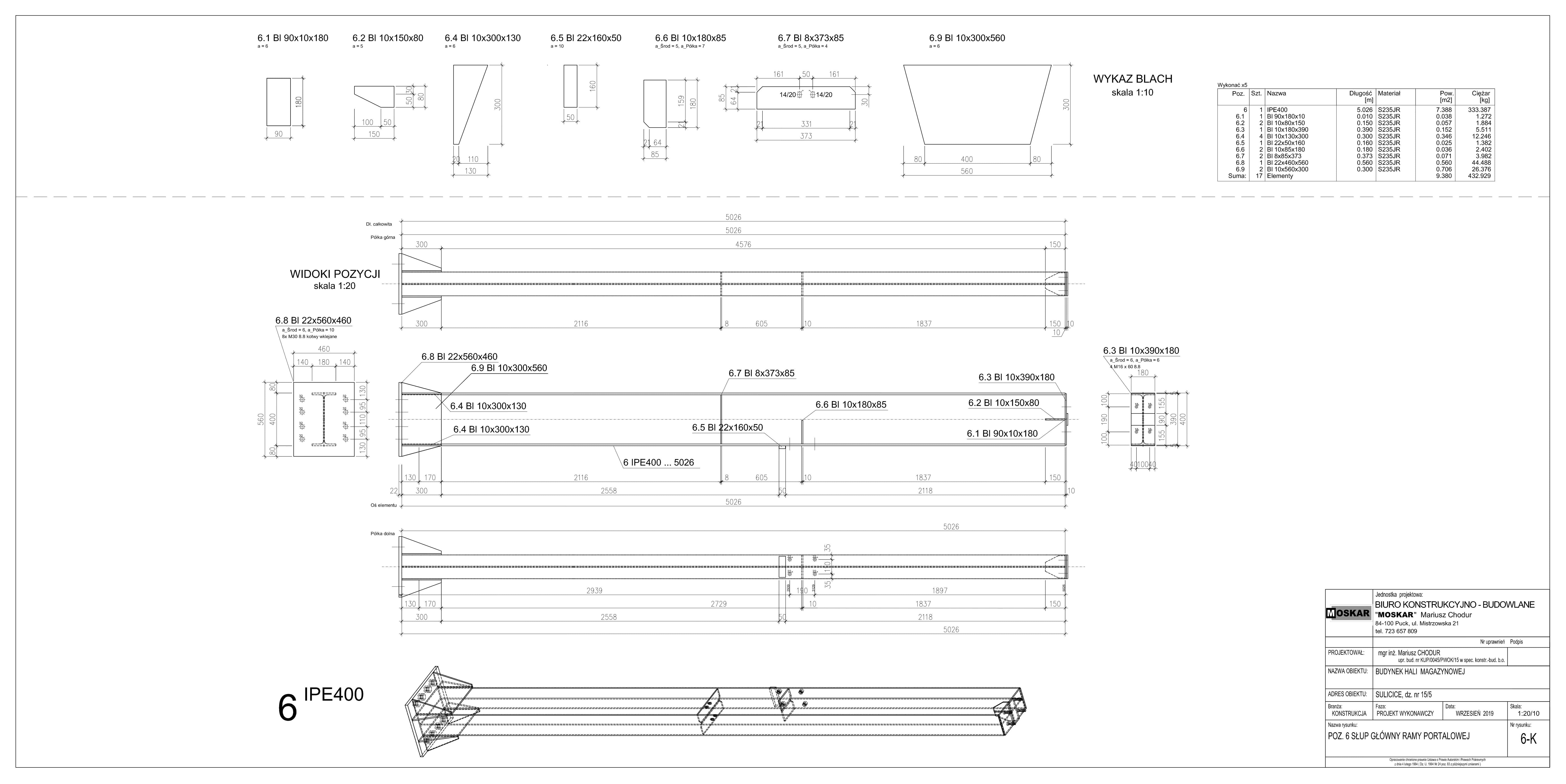 Rysunek warsztatowy słupa głównego ramy portalowej Virtual Steel