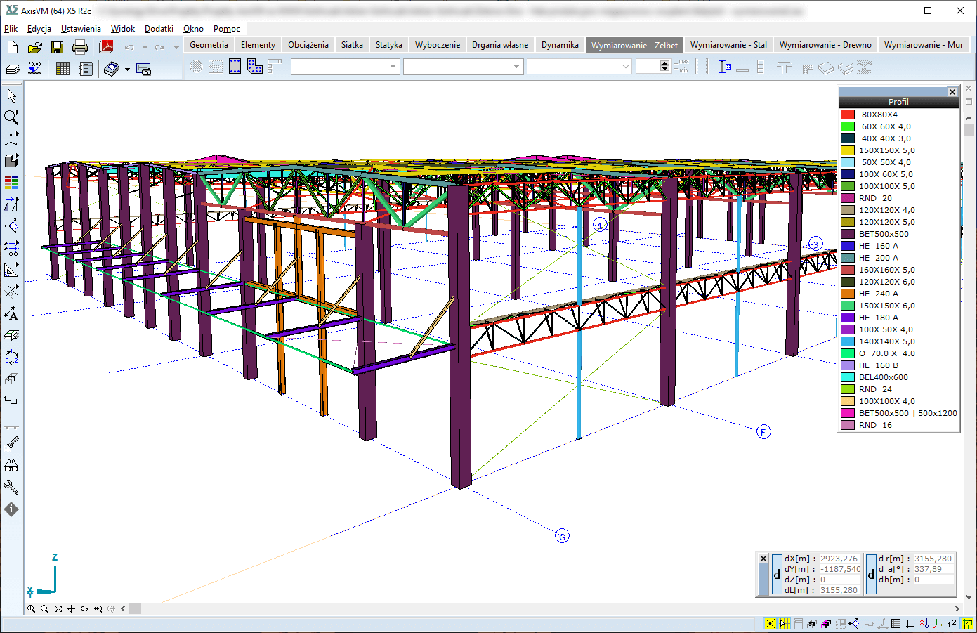 Konstrukcja zadaszenia przy hali w modelu obliczeniowym AxisVM