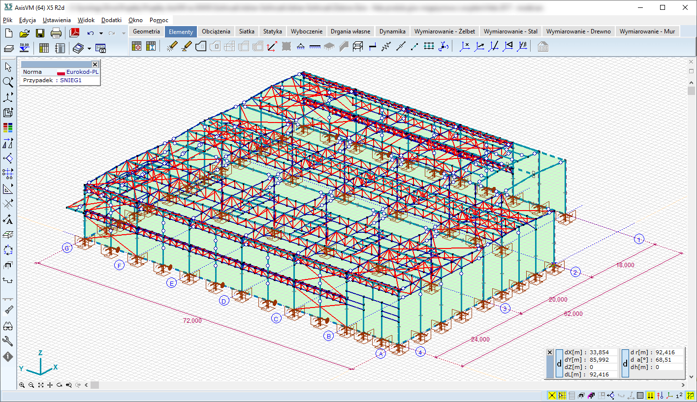 Model obliczeniowy całej hali w AxisVM