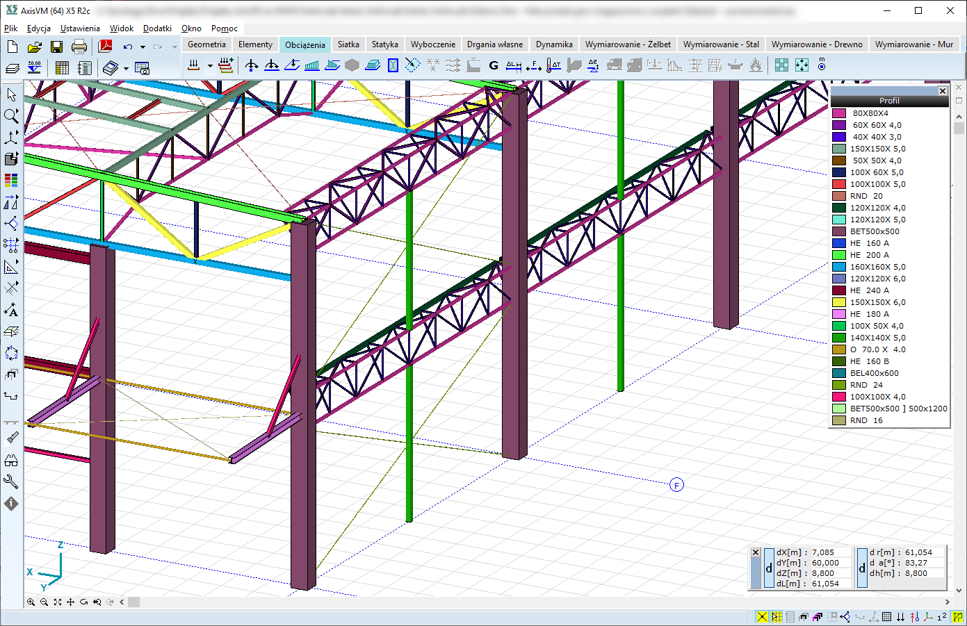 Tężniki kratowe w modelu analitycznym hali w AxisVM
