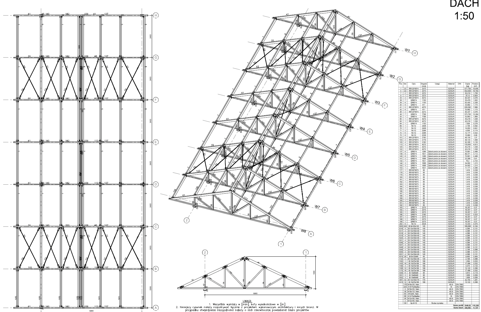 Rzuty 2D stalowej konstrukcji dachowej wykonanej z kratownic Virtual Steel