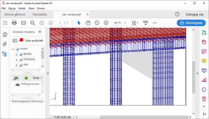 Otwarty w Adoby Reader plik PDF 3D z konstrukcją zawierającą zbrojenie rzeczywiste.