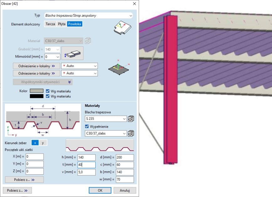 Okno z parametrami definiującymi obszar jako blachę trapezową lub strop zespolony.