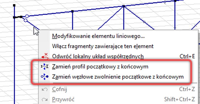 Menu podręczne z opcjami do zamiany charakterystyk na końcach elementu prętowego.