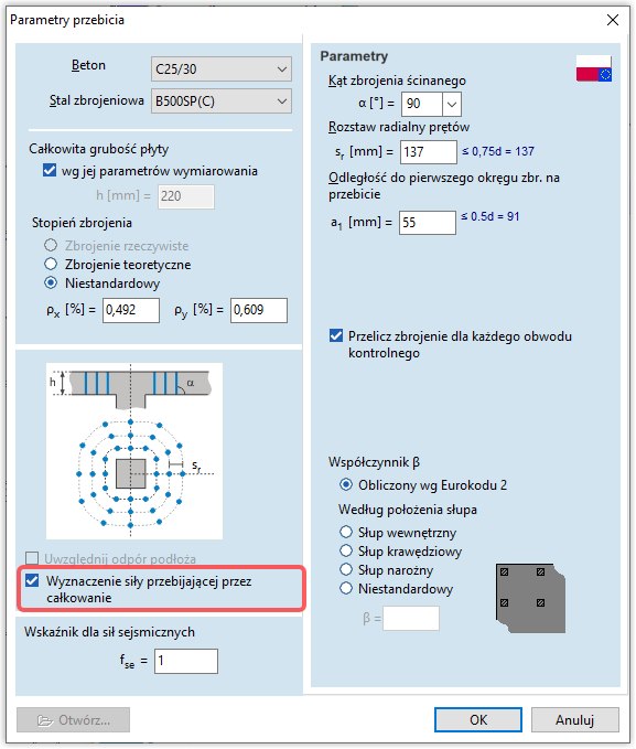 Opcja pozwalająca wyznaczyć siłę przebijająca poprzez scałkowanie siły tnącej w płycie żelbetowej.