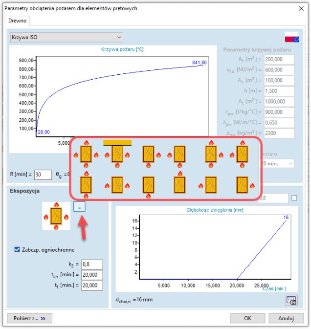 Okno pozwalające przypisać obciążenie pożarem dla elementu drewnianego z obliczaniem jego głębokości zwęglenia.