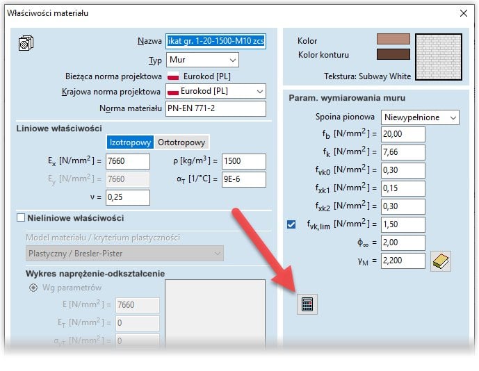 Kalkulator parametrów wytrzymałościowych dla ściany murowej.