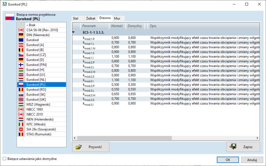 Okno dialogowe z parametrami normowymi dla drewna, które można poddać własnej edycji.