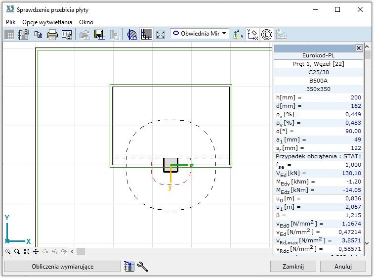 Wyznaczanie obwodu kontrolnego przy otworze podczas sprawdzania przebicia płyty żelbetowej przez słup.