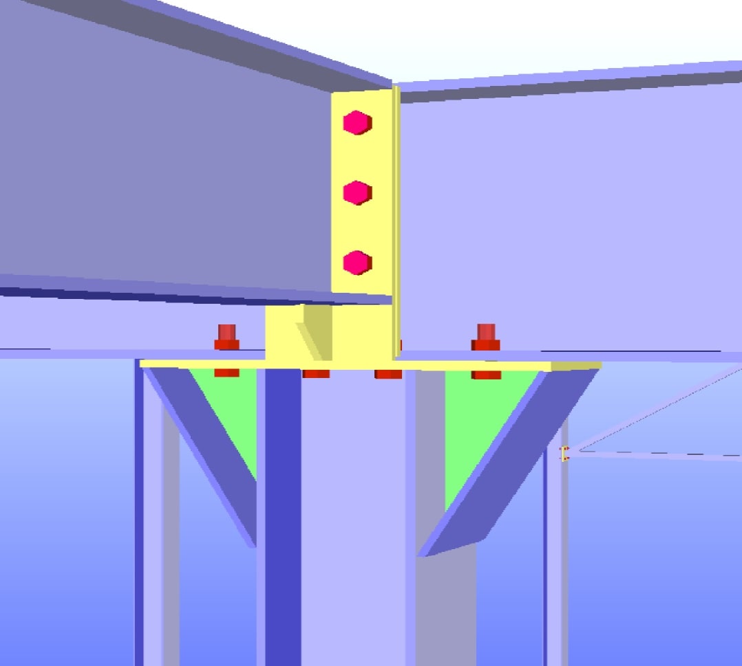 Połączenie ze skosami stalowego rygla ze słupem oraz dochodzącą belką prostopadłą