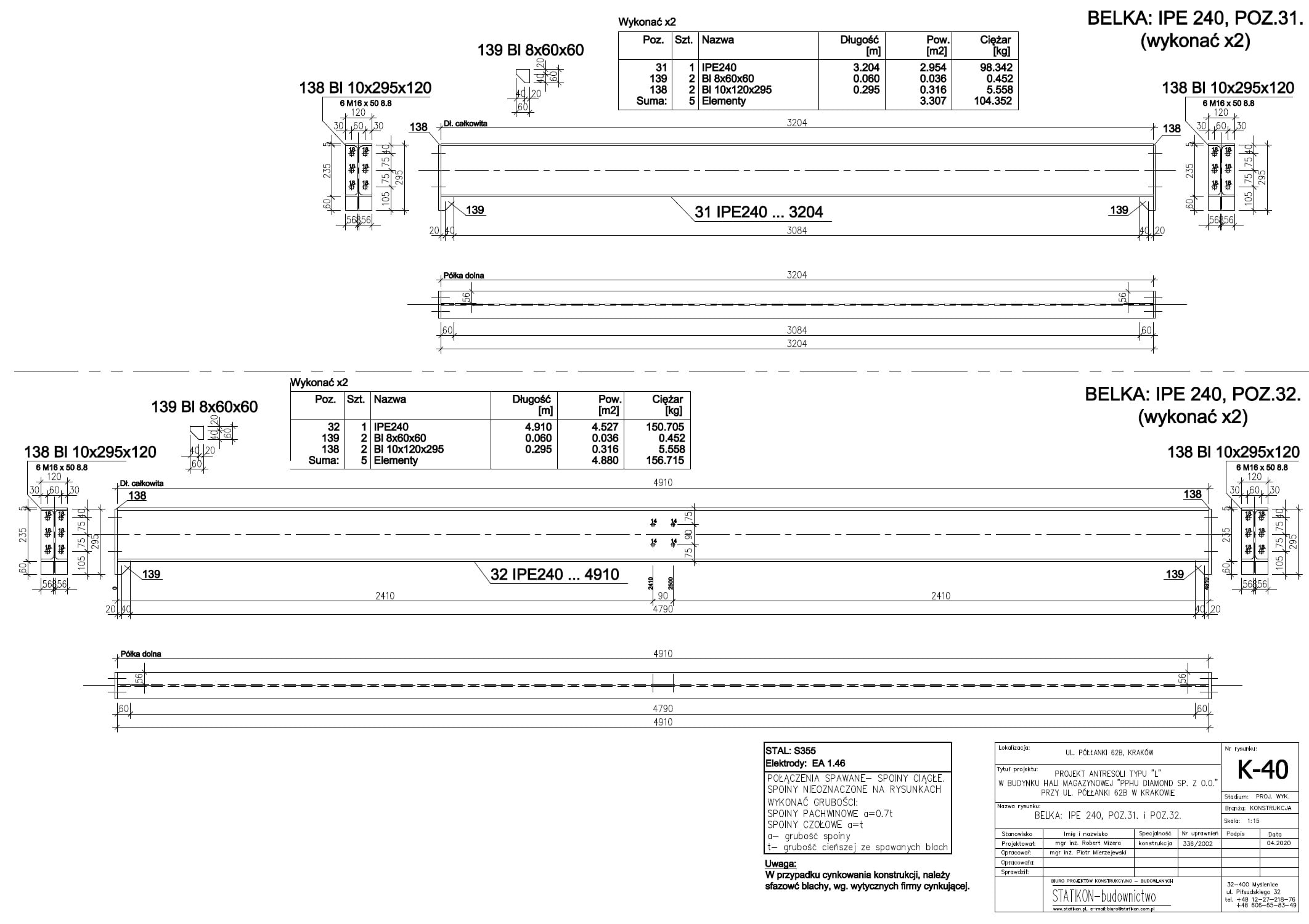 Rysunek warsztatowy belek stalowych