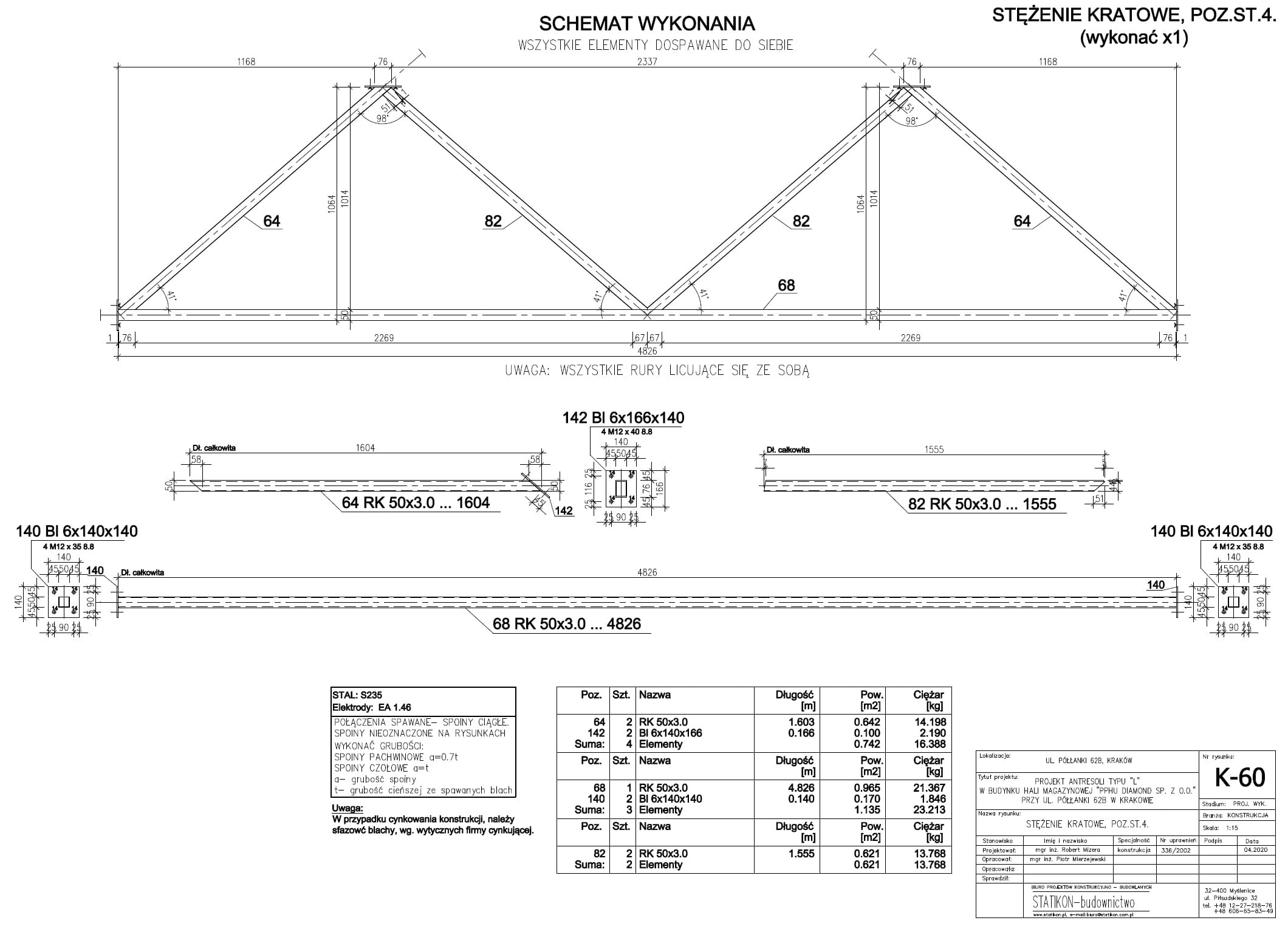 Schemat wykonania stężenia kratowego